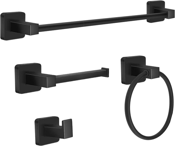 Bathroom Hardware Set 4 Pieces.Stainless Steel Matte Black Towel Bar Set. Includes 24In Towel Bar. Towel Ring. Robe Towel Hooks.Toilet Paper Holder. Bathroom Towel Rack Set
