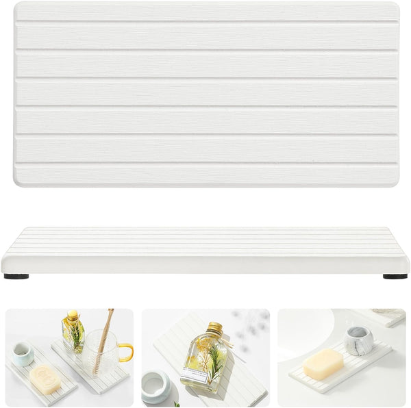 2PCS Water Absorbing Stone Drying Tray Mat For Bathroom Sink & Kitchen Counter Faucet Organizer Decor. Quick Dry Dish Soap Dispenser Sponge Holder. Vanity Sink Caddy Bar Coaster.White-8*3.8