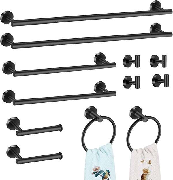 12 PCS Matte Black Round Towel Bar Set. Bathroom Towel Bar Set Include 24 inch.16 inch Towel Bar. Toilet Paper Holder. Towel Ring. Towel Hooks. Stainless Steel Bathroom Accessories Set