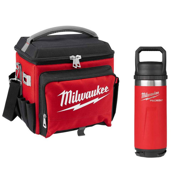Milwaukee 21 Qt. Soft Sided Jobsite Lunch Cooler with PACKOUT Red 18 oz. Insulated Bottle with Chug Lid 48-22-8250-48-22-8382R