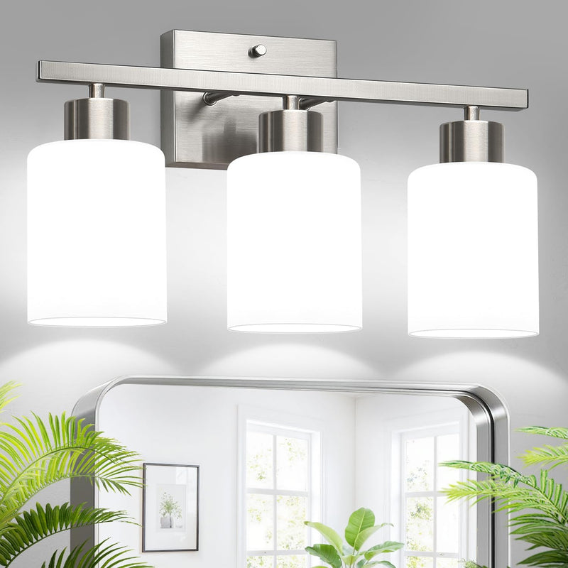 Brushed Nickel Bathroom Light Fixtures with Milk Glass Shades. Eye-Friendly 3 Light Vanity Lights for Bathroom. Vanity Lights with E26 Socket (Bulbs Not Included). for Mirror. Bedroom. Hallway