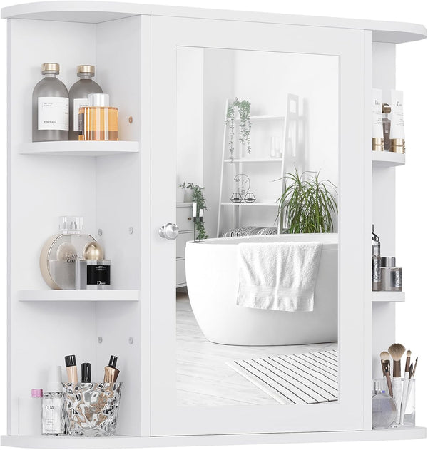 Shintenchi Bathroom Wall Cabinet with Mirror. Mounted Medicine Cabinets with 4 Internal and 6 Open Shelves. Mirrored Door Over The Toilet Storage. Solid White