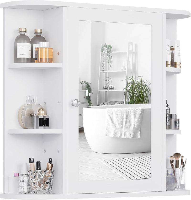 Shintenchi Bathroom Wall Cabinet with Mirror. Mounted Medicine Cabinets with 4 Internal and 6 Open Shelves. Mirrored Door Over The Toilet Storage. Solid White