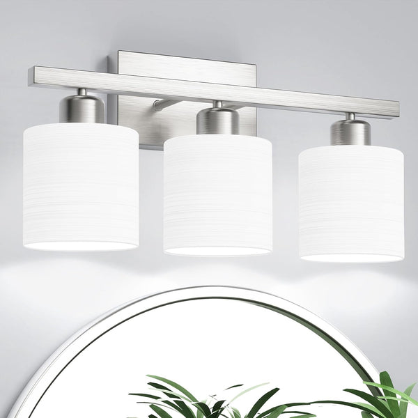 PARTPHONER Classic Vanity Lights. Modern Bathroom Vanity Light with Textured Frosted Opal White Glass Shades. Brushed Nickel. 3-Light
