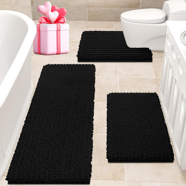 ACCUMTEK Upgrade Extra Large Black Bathroom Rug Set 3 Pieces Ultra Soft. Thick Absorbent Bath Mats. Non Slip Chenille Toilet Mat for Bathroom. Bedroom. Kitchen